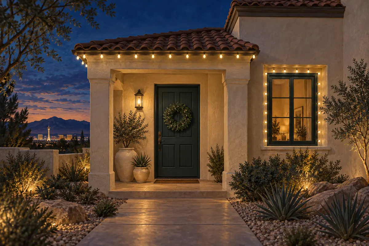 Illustrated stucco entrance and nearby window, showing individual holiday light points as a guest approaches.