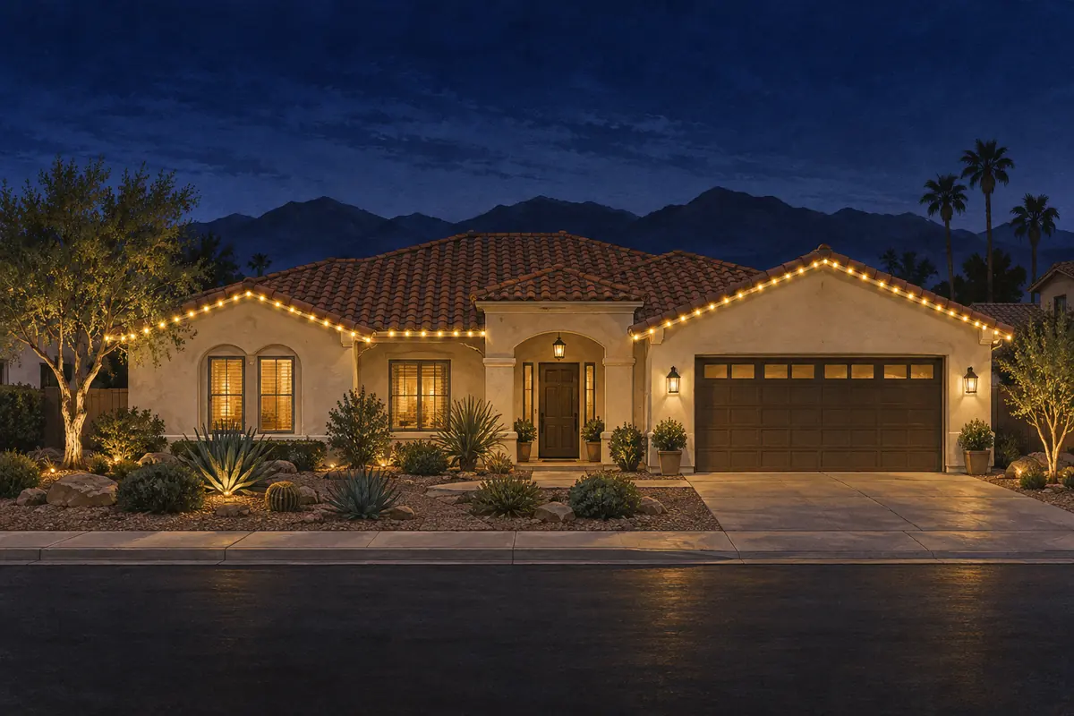 Illustrated desert home viewed from across the street, with warm holiday lights tracing the main roofline.