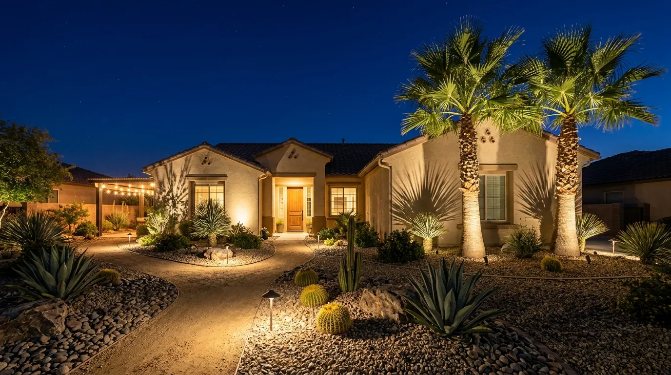Desert landscape lighting at a Las Vegas home — uplit palm trees, pathway lights along gravel xeriscaping, and warm patio lighting at night