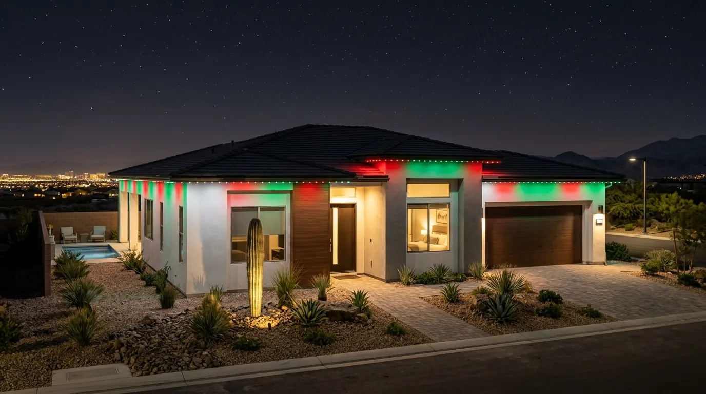 Las Vegas home at night with permanent roofline LED lights glowing red and green under the eaves